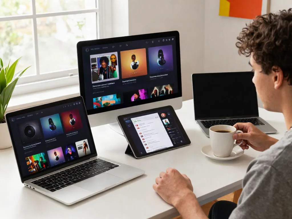 Explore Spotify features and playlists at https://spotigeek.com/ in a cozy music-themed workspace.