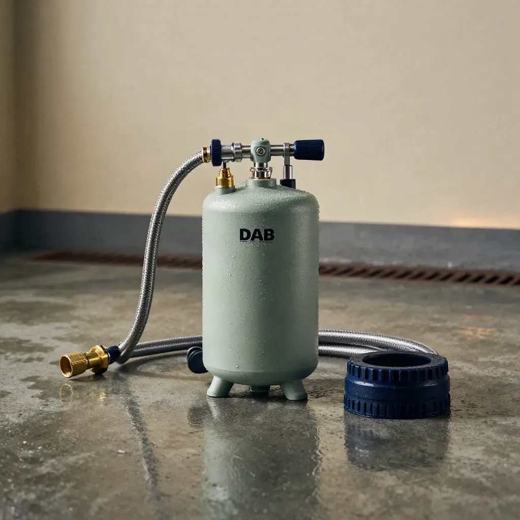 DAB E.SYBOX Mini 3 pompunit op natte betonnen vloer met slang en messing koppelingen