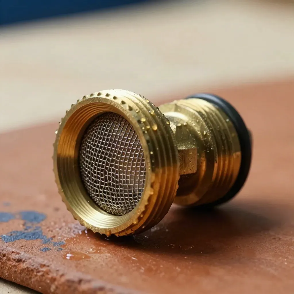Macro van een messing voetklep met fijn zeefhuis en waterdruppels op terracotta.