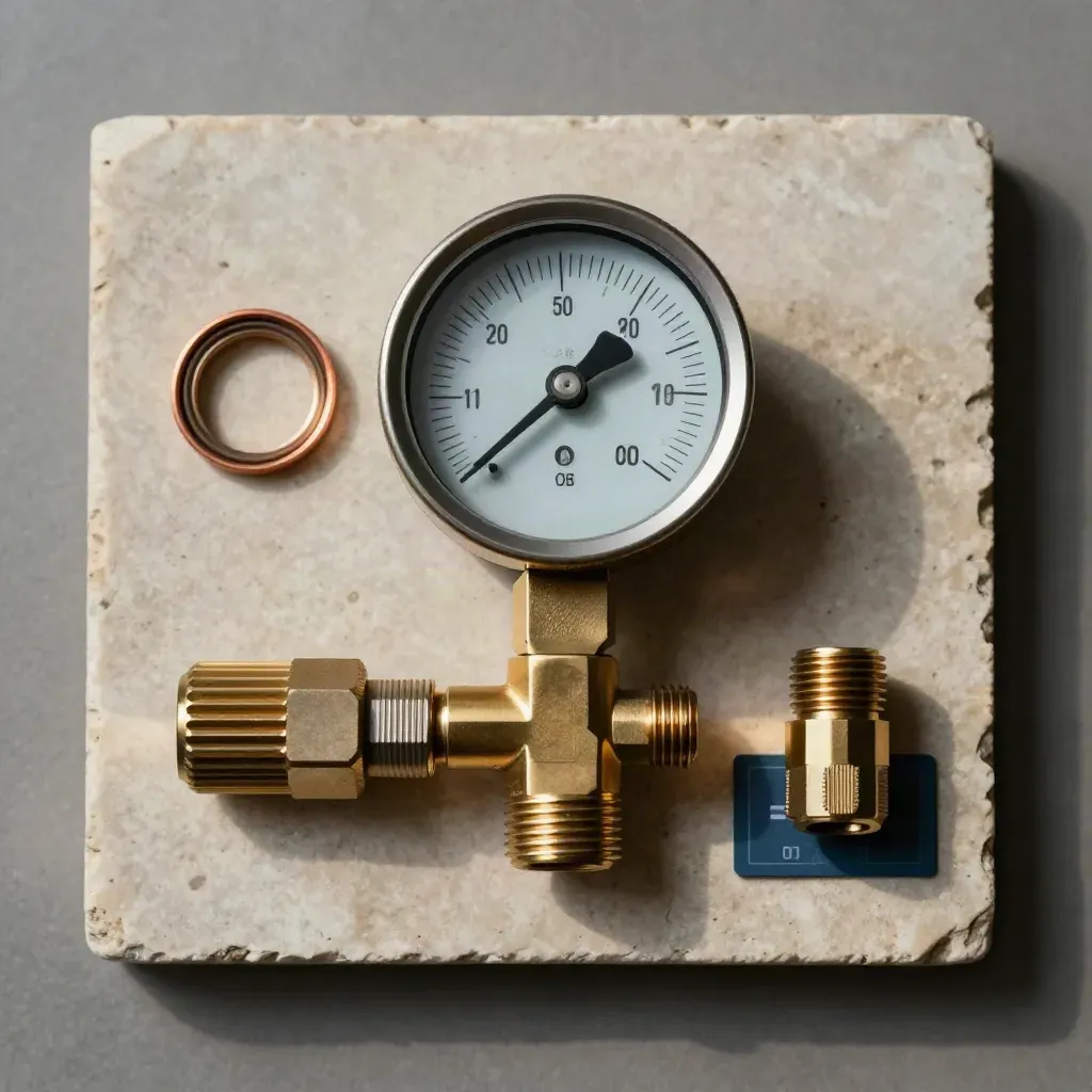Messing manometer met koppeling en afdichtring op lichte stenen plaat, van boven gefotografeerd.